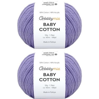 Imagem de HobbyMia Fio de algodão para bebês para crochê - 50 g / 180 m - (2) fio fino, peso esportivo - fio Amigurumi macio para linha de crochê - 60% algodão e 40% acrílico (lilás, 2 bolas)