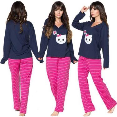 Imagem de Kit 10 Pijamas Feminino Longo Calça e Blusa Inverno Bordado Confortáve