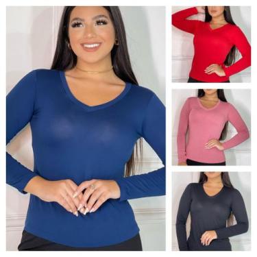 Imagem de Kit 4 Blusas de frio Feminina Gola V Manga Longa Segunda Pele - GK, Ro