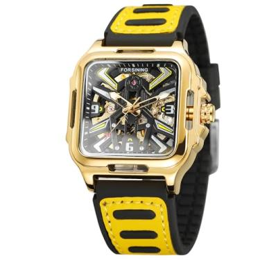 Imagem de FORSINING Relógio de pulso masculino de aço inoxidável automático esqueleto retrô quadrado com pulseira de silicone, Dourado, Retrô