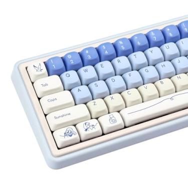 Imagem de COOMICKEY Teclas PBT brancas azuis, teclas FOA, teclas de teclado personalizadas 60 65 75 100 por cento, estilo minimalista, conjunto de 130 teclas para jogos Cherry Gateron MX Switchs