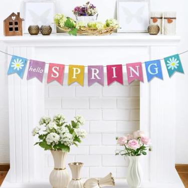 Imagem de DONCIDAY Faixa Hello Spring, decorações pré-montadas de serapilheira feliz páscoa bem-vindo manto de primavera guirlanda de feltro suprimentos coloridos para decoração de sala de aula e escritório
