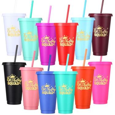 Imagem de Potchen 12 copos de feliz aniversário 680 g copos de plástico reutilizáveis de esquadrão de aniversário com tampa e canudo para festa de aniversário de 20, 30, 40, 50, 60 anos, suprimentos para