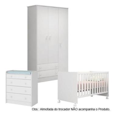 Imagem de Quarto de Bebê Berço c/Rod Guarda Roupa Cômoda Doce Sonho Branco Qmovi