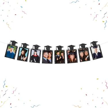 Imagem de Boné de graduação banner foto moldura de papel graduação ensino médio formatura bunting decorações parabéns graduação imagem banner preto glitter