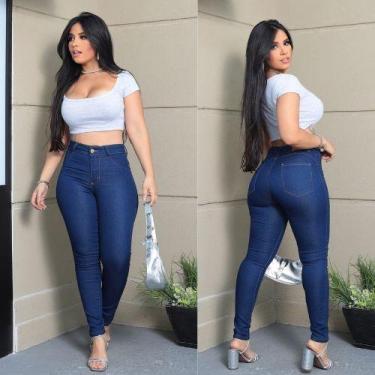Imagem de Calça Skinny Feminina Jeans Lavagem Escura amaciada Cintura média/alta