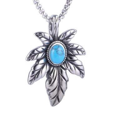 Imagem de Colar com pingente de folha de bordo canadense punk hip-hop rock gótico masculino e feminino com turquesa, aço inoxidável 316L, corrente de pérola quadrada de aço inoxidável prata, joia retrô talismã