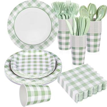 Imagem de 175 peças de suprimentos de festa de guingão verde sálvia para 25 convidados, pratos de papel grosso e guardanapos, facas, colheres, garfos, copos, conjunto descartável de festa, talheres para jantar,