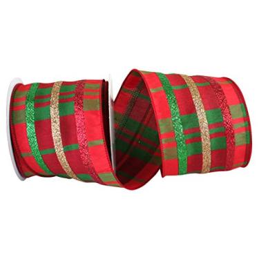 Imagem de Reliant Ribbon Dupioni Fita xadrez clássica com borda com fio de listras e glitter, 10 cm x 9 metros, multi