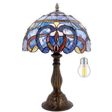 Imagem de Luminária de mesa estilo Tiffany abajur de cabeceira azul roxo vitral leitura luz de mesa antiga 45 cm de altura, amante sala de estar quarto escritório biblioteca banqueiro vitoriano vintage