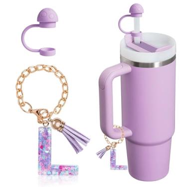 Imagem de HaimiLiya Capa de canudo com corrente de copo com letra inicial para acessórios Stanley Cup, tampa de palha de 10 mm, pingente de copo fofo, roxo