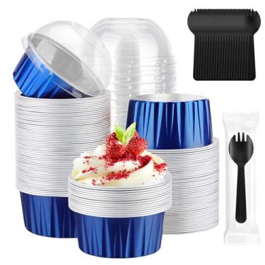 Imagem de EUSOAR Creme Brulee Ramekins descartáveis com garfos, 120 peças de 150 ml, copos de assar, ramequins com tampas, forros de cupcake de muffin, mini formas de bolo com tampas para festa, casamento