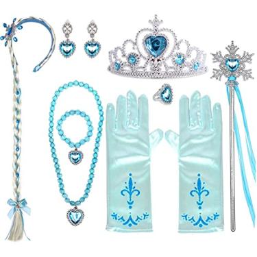 Imagem de Yosbabe Conjunto de acessórios de festa de princesa Elsa, conjunto de joias de princesa para meninas, conjunto de lembrancinhas de festa – Elsa, coroa, luva, peruca, colar, pulseira, brincos e varinha