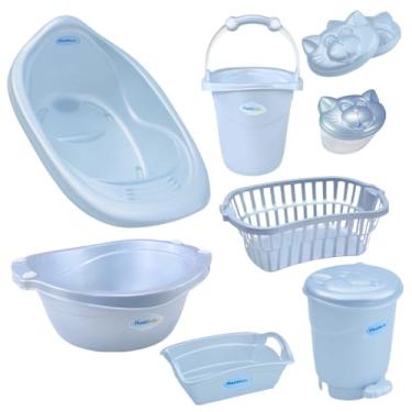 Imagem de Kit banho Bebê 8 Peças Plastibaby Banheira Bacia Lixeira Balde Cesto Organizador Saboneteira e Porta Chupeta (Azul Perolado)