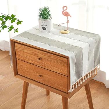 Imagem de Capa para mesa de cabeceira, toalha de mesa retangular de cabeceira com bolsos e borla, toalha de mesa pequena de algodão e linho à prova d'água pequena para TV, armário, lavadora, secadora, geladeira
