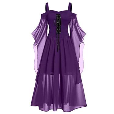 Imagem de Vestido gótico renascentista para mulheres, fantasia de Halloween, ombro de fora, renda, manga trompete, vestido medieval steampunk, Vestido vintage roxo 08, XGG
