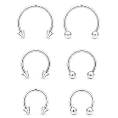 Imagem de Vqoxaggi 6 peças de anéis de septo de aço inoxidável 18G nariz septo brinco de ferradura piercing sobrancelha lábio sorridente joias para mulheres homens fecho de bola prata diâmetro interno 8 mm/10