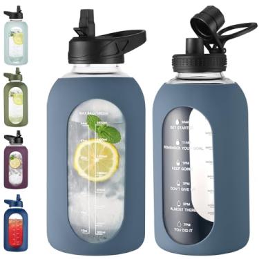 Imagem de EALGRO Garrafa de água de vidro de 1,8 l com canudo e alça, frasco de água motivacional esportivo de 1,8 litro com manga de silicone, copo de água grande com marcador de tempo para viagem, academia