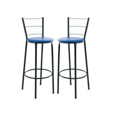 Imagem de Kit 2 Banquetas Altas 3 Arames, 70 cm, para Cozinha e Balcão, Acabamento Preto, Assento em Junco (AZUL)