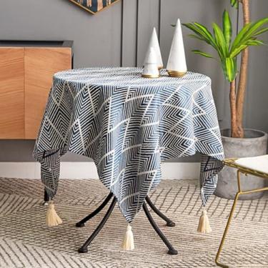Imagem de Toalha de mesa quadrada pequena rústica toalha de mesa de fazenda jacquard ondas listradas com borlas capas de mesa de café laváveis para sala de estar cozinha decoração de mesa azul 91 cm x 91 cm