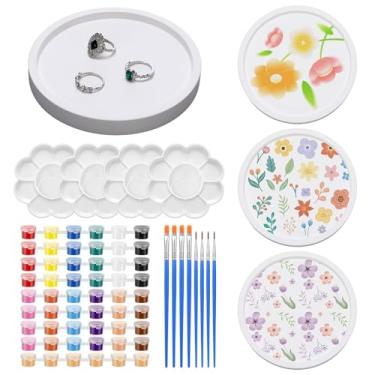 Imagem de MotiMind 4 conjuntos de bandejas redondas de cerâmica para pintar joias prontas para pintar seu próprio anel de cerâmica, faça você mesmo, sem pintura, gesso sem pintura, bandeja para pintar