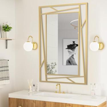 Imagem de Espelho de banheiro dourado, espelhos decorativos de parede de 91 cm x 61 cm com moldura de metal geométrico para sala de estar, quarto, banheiro, entrada, expande o espaço, horizontal/vertical