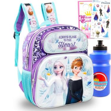 Imagem de Disney Mini mochila Frozen para meninas – Pacote com lona de 30,5 cm, bolsa escolar Elsa e Anna com garrafa de água, adesivos, mais | Conjunto de mochila Frozen para crianças