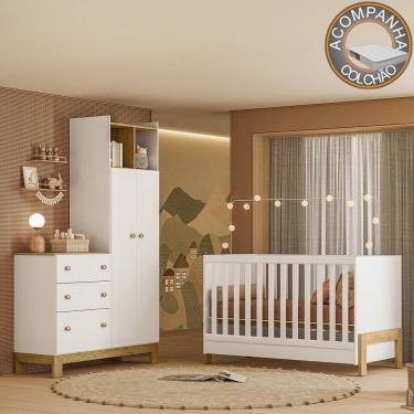 Imagem de Quarto de Bebê com Berço Mini Cama Fantasia e Roupeiro com Cômoda QEncanto Slim Freijó Branco Acetinado Qmovi + Colchão Ortobom