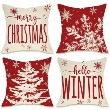 Imagem de Fahrendom Merry Christmas Capas de almofada decorativas vermelhas 50 x 50 conjunto com 4, árvore de Natal, floco de neve, varanda, pátio, capa de almofada para sofá, decoração de casa