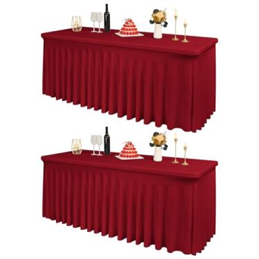 Imagem de 2 pacotes de roupas de mesa borgonha elastano para mesas retangulares de 1,8 m, capa de mesa resistente a rugas, saias de mesa elásticas laváveis para casamentos, festas, banquetes, festas de