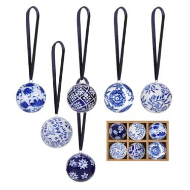 Imagem de 6 peças de bolas de porcelana de Natal 6 cm, enfeite de porcelana azul e branca para pendurar, decoração de cerâmica para festa de Natal de árvore em casa (A)