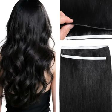 Imagem de Lacer Tape in Hair Extensions Genius Weft Real Human Hair Amarrado à Mão Cor Jet Black Destaque Fita Trama em 50G 45 cm