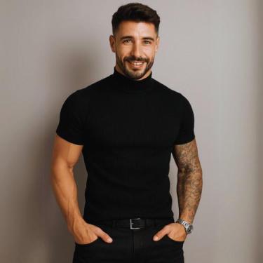 Imagem de Camiseta Gola Alta Masculina Estilo Casual, Elegante - Camiseta Canela