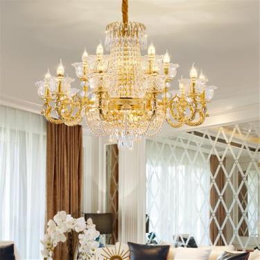 Imagem de OUFULA Lustre de cristal europeu para sala de estar de luxo Restaurante Americano Dourado Quarto Hotel Vila Edifício duplex Lâmpada Pendente (C 15 Luzes)