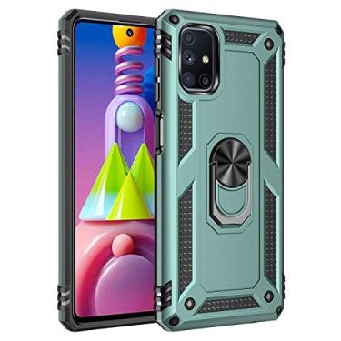 Imagem de SORAKA Capa para Samsung Galaxy M51 com suporte de anel capa protetora para Samsung Galaxy M51 capa traseira de policarbonato rígido com placa de metal para suporte magnético de telefone carro verde