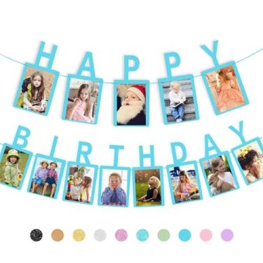 Imagem de RCHBUDI Banner de foto de aniversário e moldura para fotos adequado para decoração de festa de aniversário de crianças e adultos fundo azul bebê