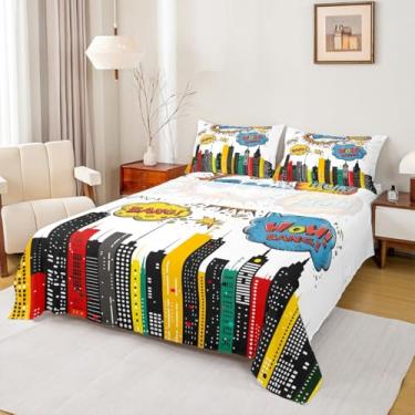 Imagem de Jogo de lençol King moderno com tema de super-herói, 4 peças, para decoração de quarto de crianças, meninos, meninas, mulheres, lençol com elástico moderno, lençol de cima, 2 fronhas