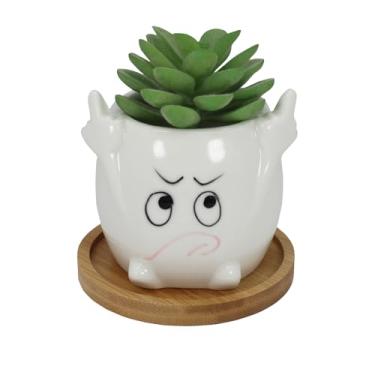 Imagem de Gemseek Vaso de plantas suculentas com bandeja de drenagem, pequeno recipiente de flor de cacto de cerâmica branca, suporte engraçado para plantas de ar interno com dedos intermediários