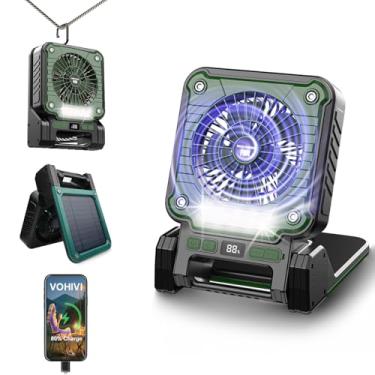 Imagem de VOHIVI Ventilador recarregável movido a energia solar com luz - Ventoinhas de acampamento USB-C portátil de 3 velocidades, falta de energia em casa e emergência na cozinha, ventilador de barraca ao ar