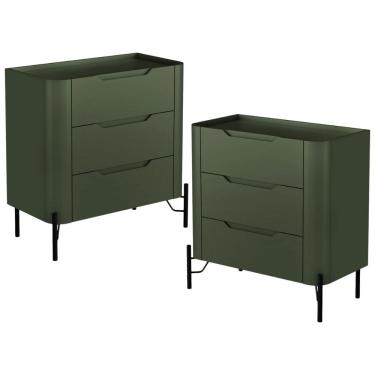 Imagem de Kit 02 Mesas De Cabeceira Orgânica 3 Gavetas Pés Industrial Preto Bliss I03 Musgo - Lyam Decor