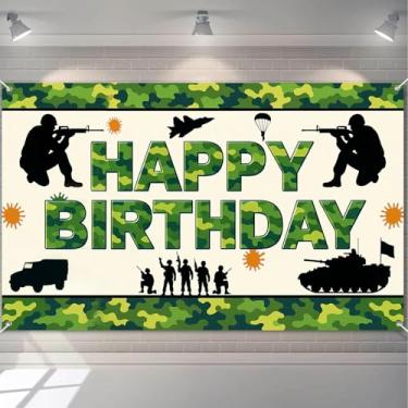 Imagem de HOMETITUTE Bandeira de feliz aniversário do exército, camuflagem, soldado, tanque, jipe jipe paraquedas, tema militar, decoração de eventos, banner, aniversário, festa, interior, exterior, fundo, 189
