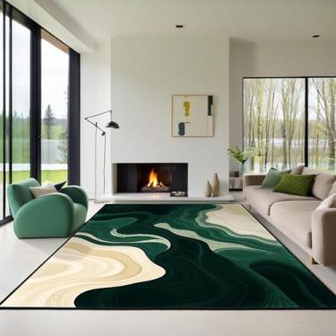 Imagem de AQQA Tapete de área 20 x 25 cm, verde e bege, abstrato lavável, revestimento antiderrapante, piso interno fino, grande, tapete de lã sintética para sala de estar, quarto, decoração de fazenda, sala de