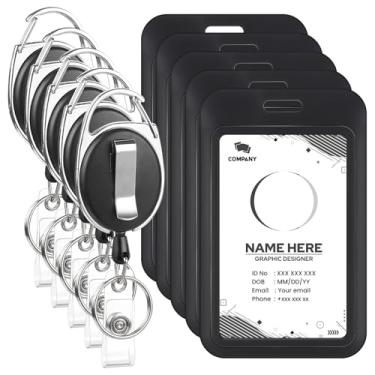 Imagem de Pacote com 5 porta-crachás retráteis, carretéis resistentes com suporte de crachá de identificação deslizante vertical, plástico rígido preto para mulheres, enfermeiras, professoras, estudantes