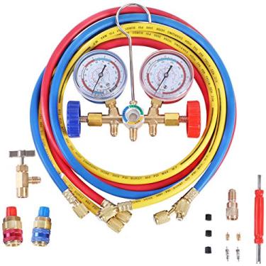 Imagem de YSTOOL 3 Way AC Manifold Diagnostic Gauge Conjunto de carregamento de refrigerante para ar condicionado HVAC R134a R404a Freon com mangueira de 1,8 m R134a Acopladores Rápidos Pode Torneira Adaptador