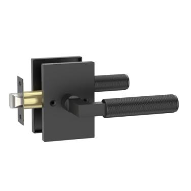 Imagem de Amerdeco 1 pacote de maçanetas de porta de passagem, interior preto fosco, alavanca serrilhada, resistente para quarto e banheiro, sem chave reversível para lado direito e esquerdo AM0032