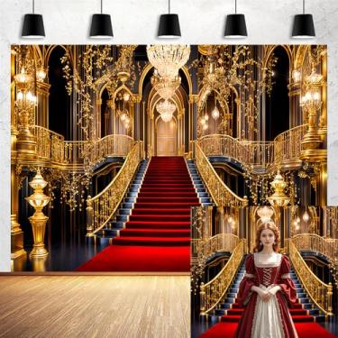 Imagem de Cenário luxuoso de 3,7 x 3 m para palácio dourado, tapete vermelho, lindo fundo de castelo europeu de princesa para fotografia, casamento, aniversário, cerimônia, palco noturno, baile, festa, vídeo