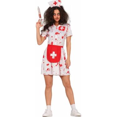 Imagem de Fantasia Halloween Enfermeira Assassina Zumbi Sangrenta Feminina Adulta Com Tiara e Avental (Branco, P 38-40)
