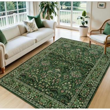 Imagem de Woaboy Tapete de área lavável 12 x 18 cm, design floral vintage boho para sala de estar, quarto, sala de jantar, tapete macio antiderrapante resistente a manchas para decoração de casa, verde grama