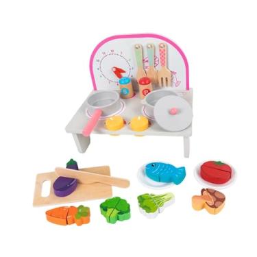 Imagem de YIJU Conjunto de cozinha infantil, cozinha de madeira para brincar, presente, artesanato, modelo faça você mesmo, fogão de para jardim de infância, Pink Set B