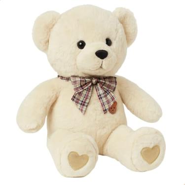 Imagem de Urso de Pelúcia 55cm com Laço Xadrez e Bordado de Ursinho (CREME)